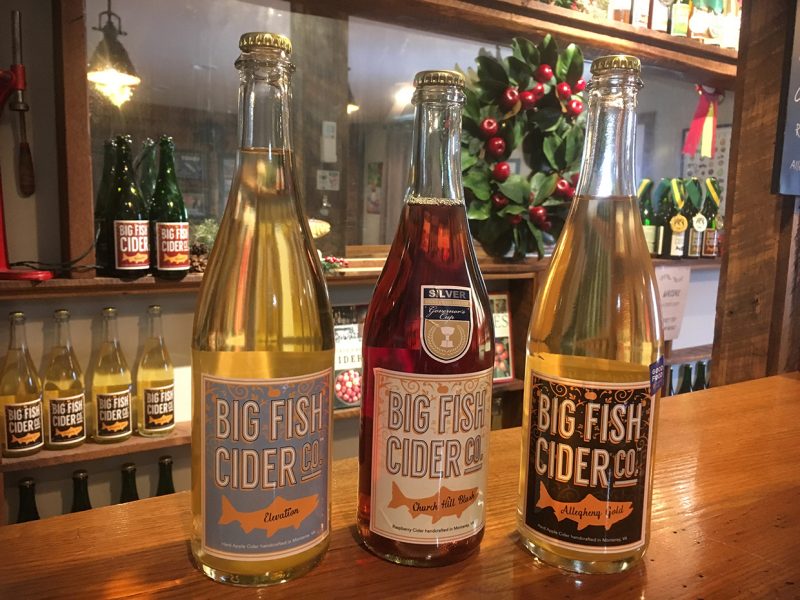 Bottles of Big Fish Cider on the tap room counter